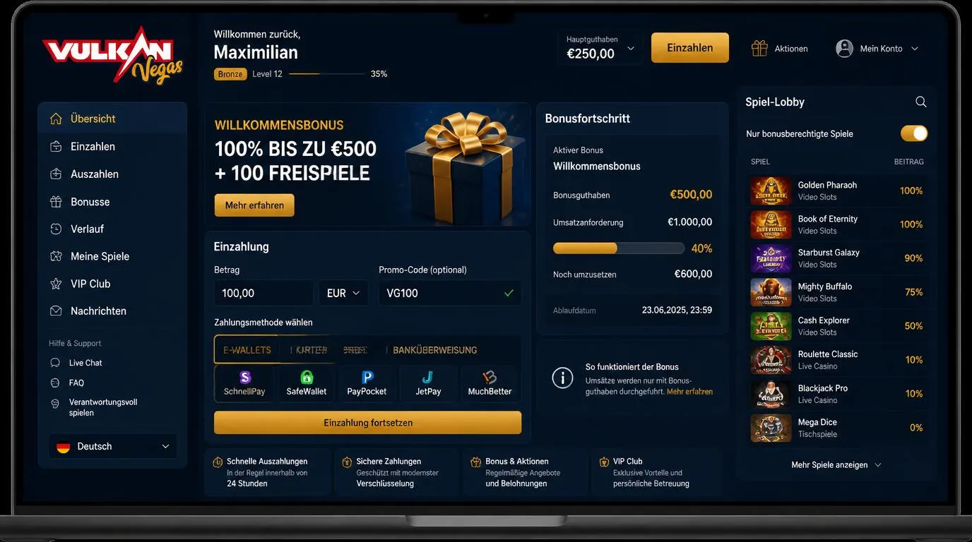 Casino-Bonusübersicht mit Einzahlungsfeld, Promo-Code und Anzeige des Umsatzfortschritts