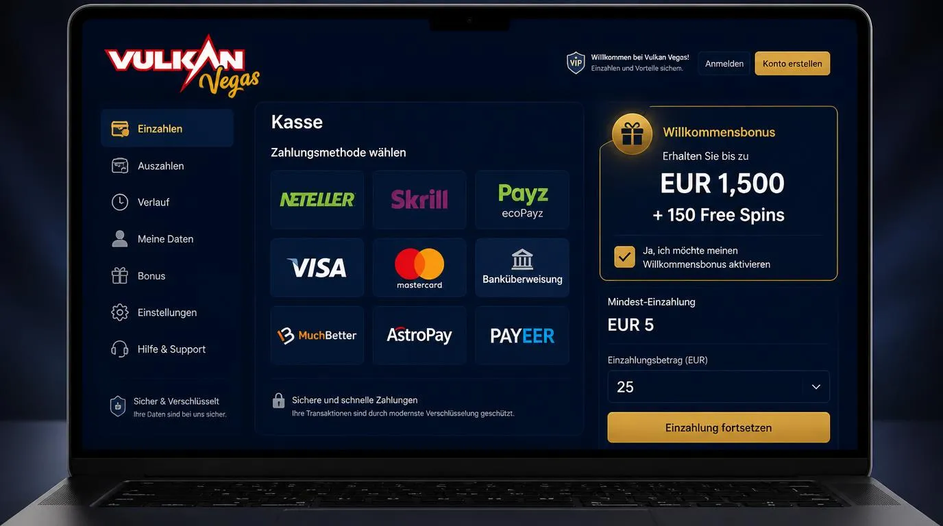 Casino-Kasse mit ausgewählter Einzahlung und aktivem Willkommensbonus für deutsche Nutzer