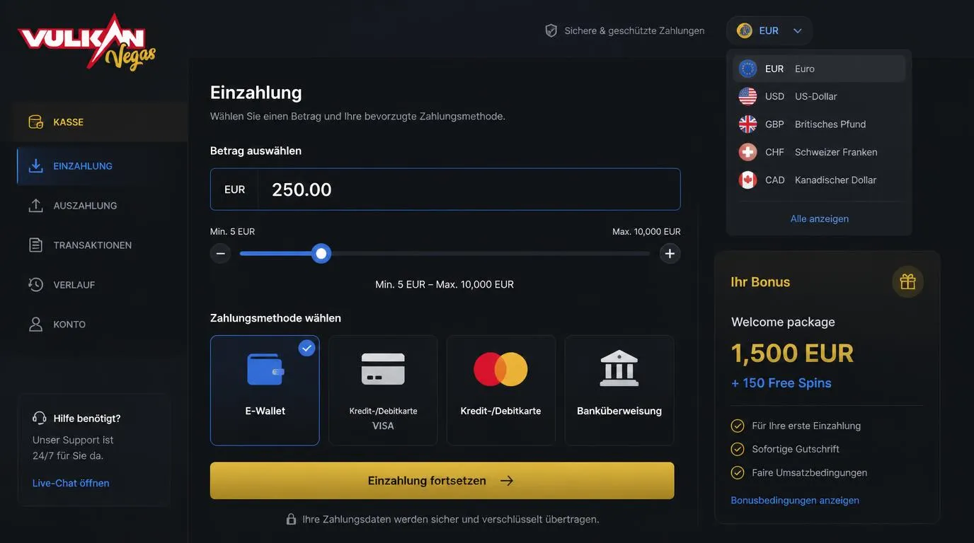 Kassenbereich mit Eingabefeld für 5 bis 10.000 EUR und mehreren digitalen Zahlungsoptionen