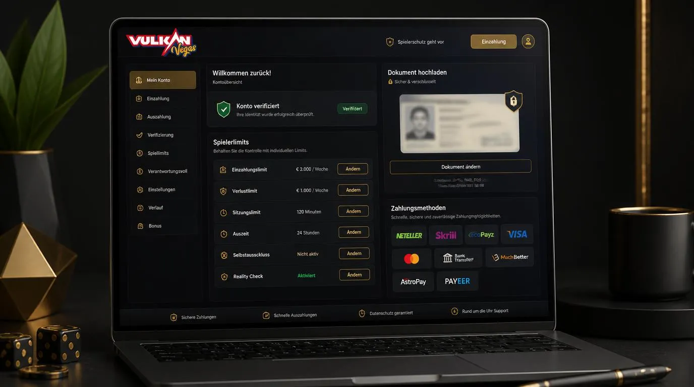 Geschützter Kontobereich mit Dokumentenprüfung, KYC-Status und einstellbaren Spiellimits