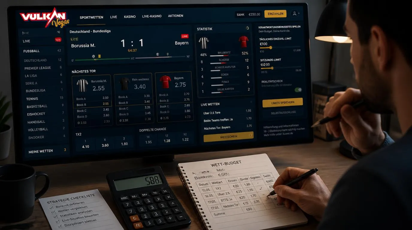 Sportwetten-Analyse mit Quotenvergleich, Spielstatistiken und festem Einsatzbudget auf einem Bildschirm