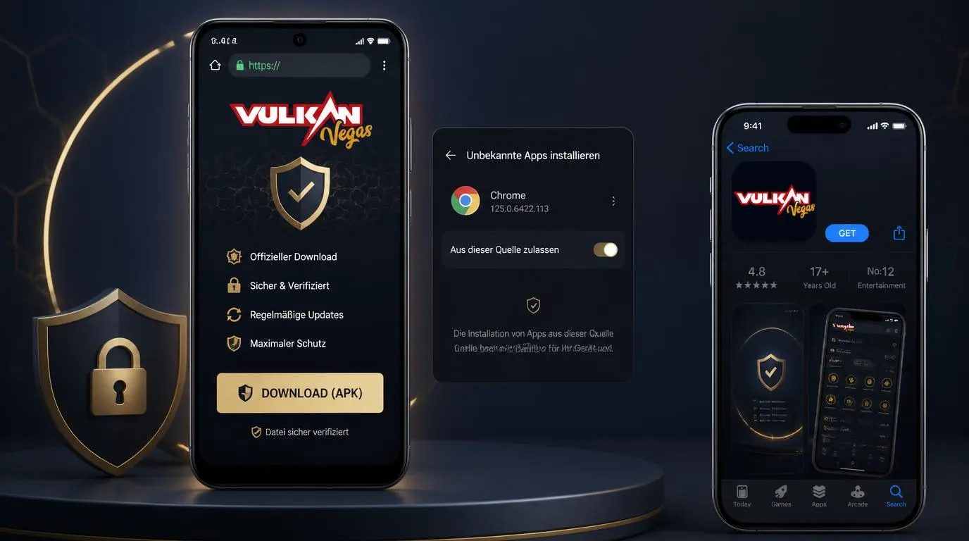Smartphone mit offizieller Casino-App, Schloss-Symbol und geprüfter Download-Seite