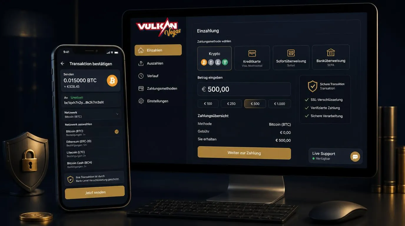 Krypto-Wallet auf einem Smartphone neben sicherer Casino-Zahlungsübersicht in Euro