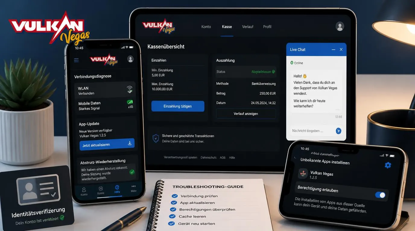 Smartphone mit Casino-App, WLAN-Symbol, Zahlungsübersicht und geöffnetem Live-Chat auf Deutsch