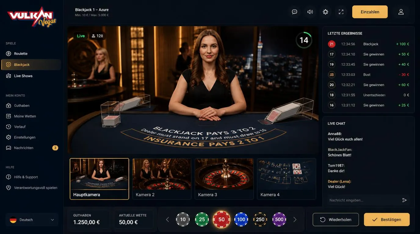 Live-Casino-Tisch mit Dealer, Roulettekessel, mehreren Kameraperspektiven und klarer Einsatzoberfläche