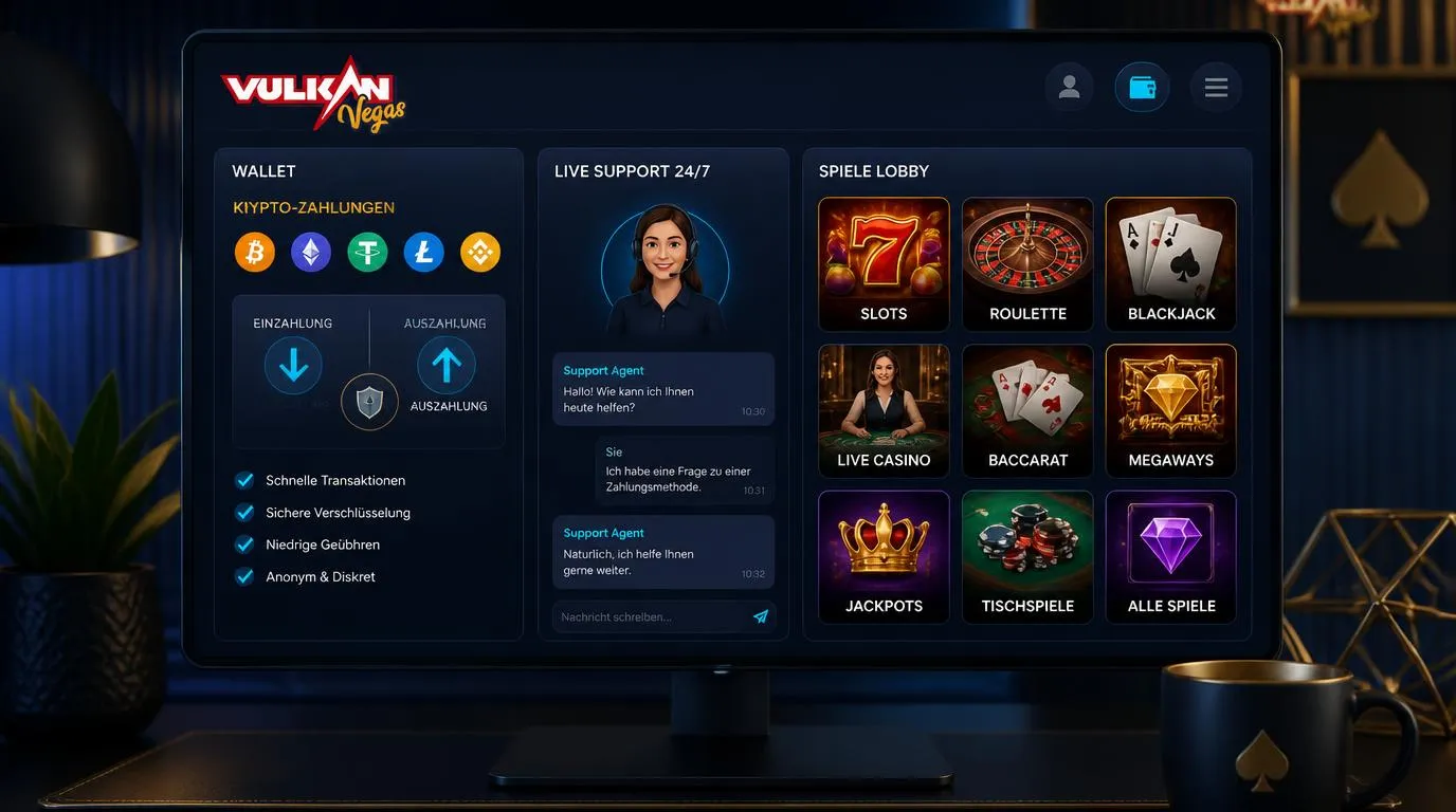 Casino-Oberfläche mit Krypto-Zahlung, Support-Chat und vielfältigen Spielkacheln