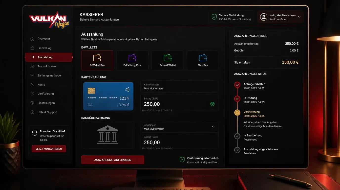 Übersichtliche Casino-Kasse mit E-Wallets, Karten und Banküberweisung für Ein- und Auszahlungen