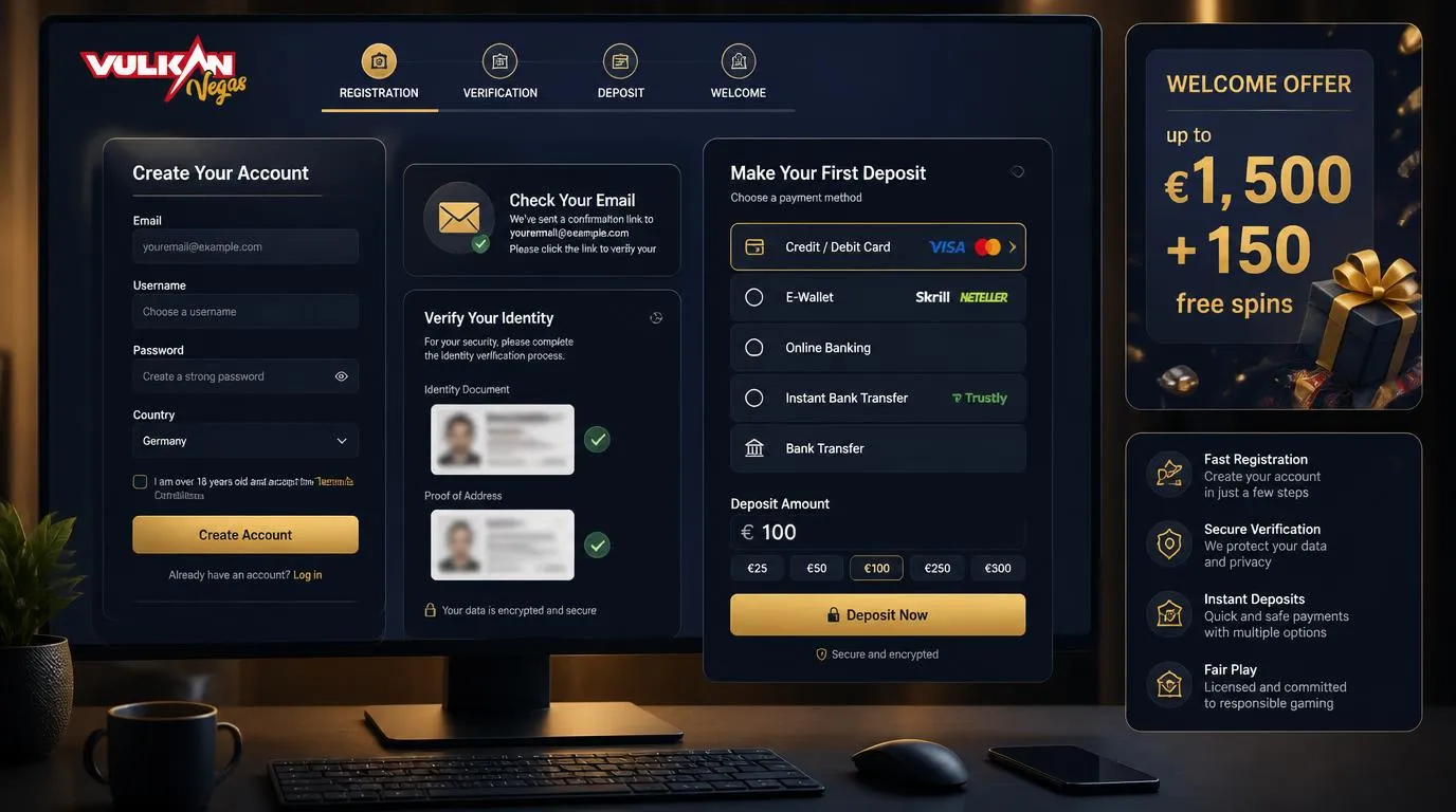 Registrierung und erste Einzahlung in einem Online-Casino mit KYC-Dokumenten und Zahlungsoptionen
