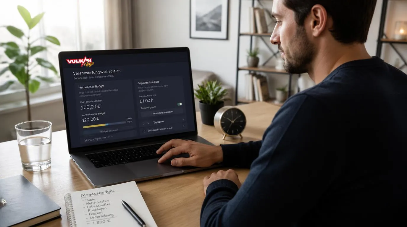 Spieler prüft auf einem Laptop sein festes Spielbudget und seine geplante Spielzeit